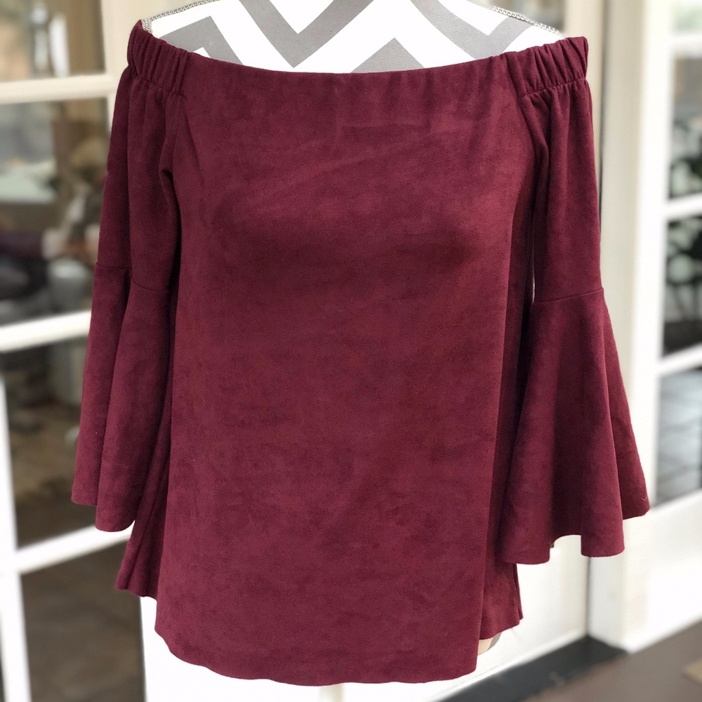 Off Shoulder Faux Suede Bell Sleeve Top -Dillards